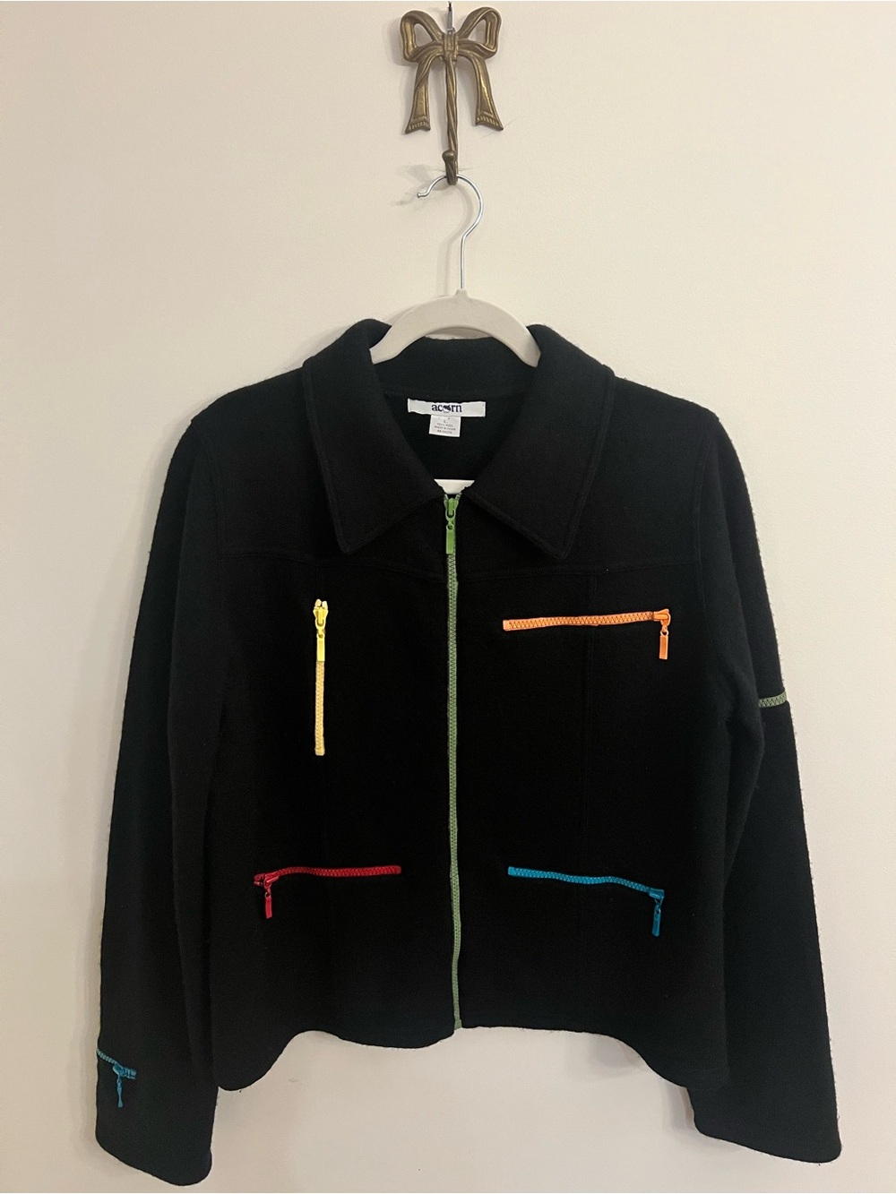 Vintage Acorn 100% Wool Jacket Black Colorful Zipper Pockets Artsy Women’s L